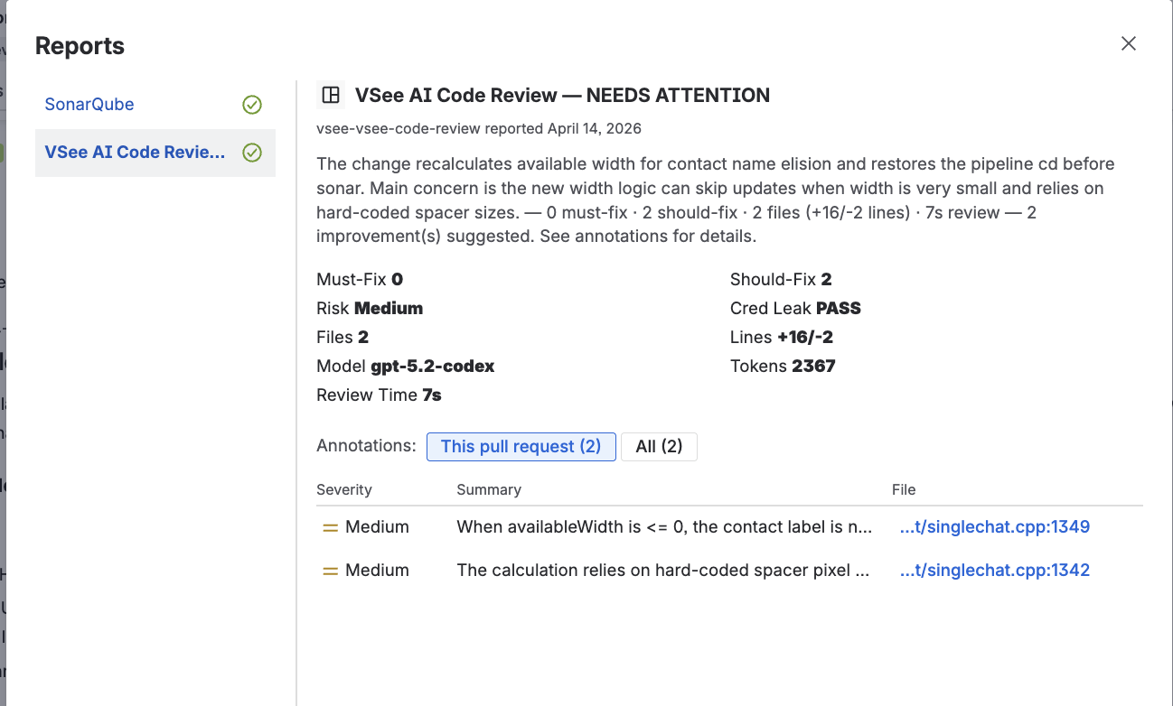 Bitbucket Code Insights report card showing an AI code review with status NEEDS ATTENTION, summary metrics (Must-Fix, Should-Fix, Risk, Files, Lines, Model, Review Time, Tokens), and two Medium-severity annotations linked to specific source lines.