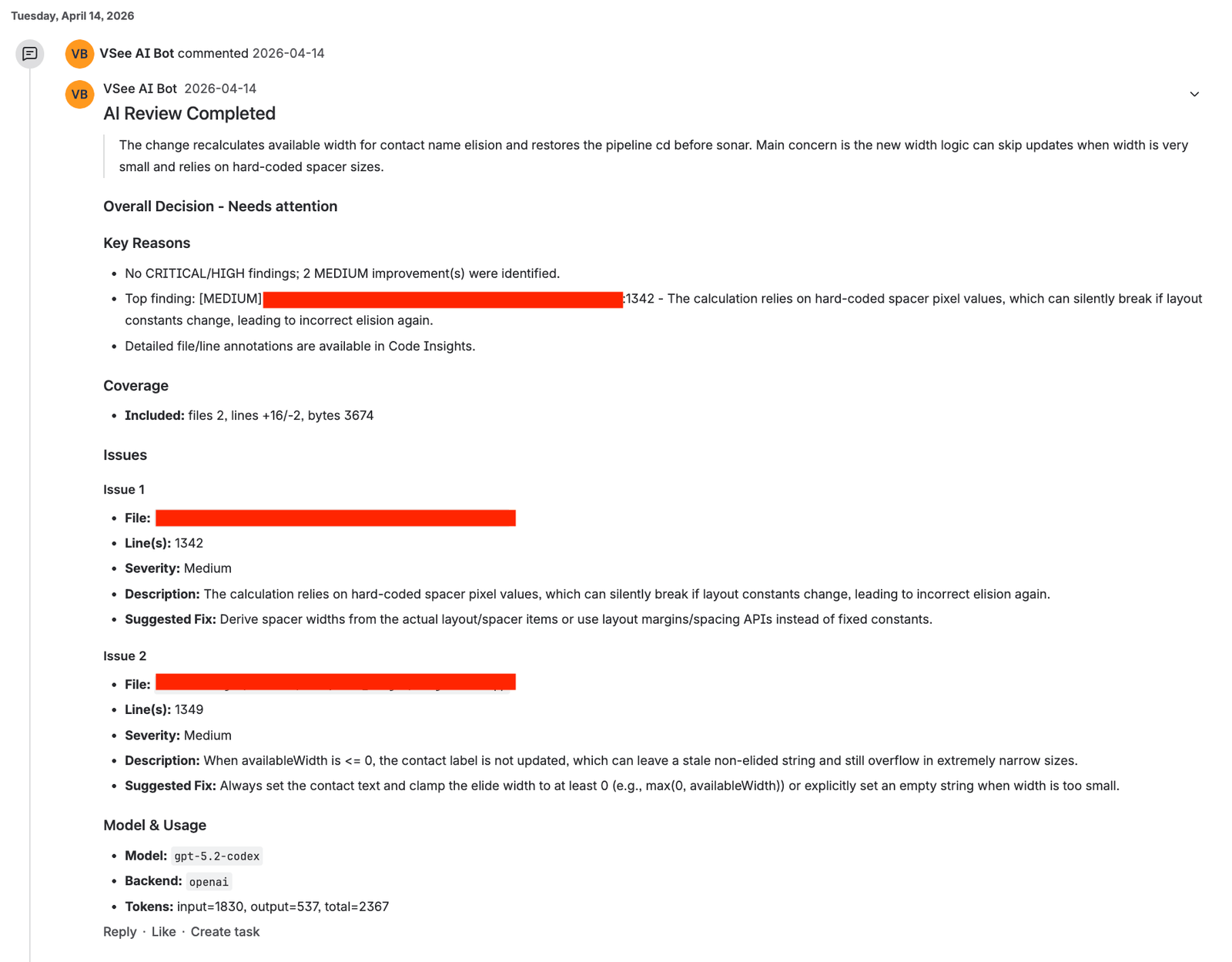 Bitbucket PR comment from an AI bot account titled "AI Review Completed" with sections for Overall Decision, Key Reasons, Coverage, two structured Issue blocks (file, line, severity, description, suggested change), and Model & Usage metadata.