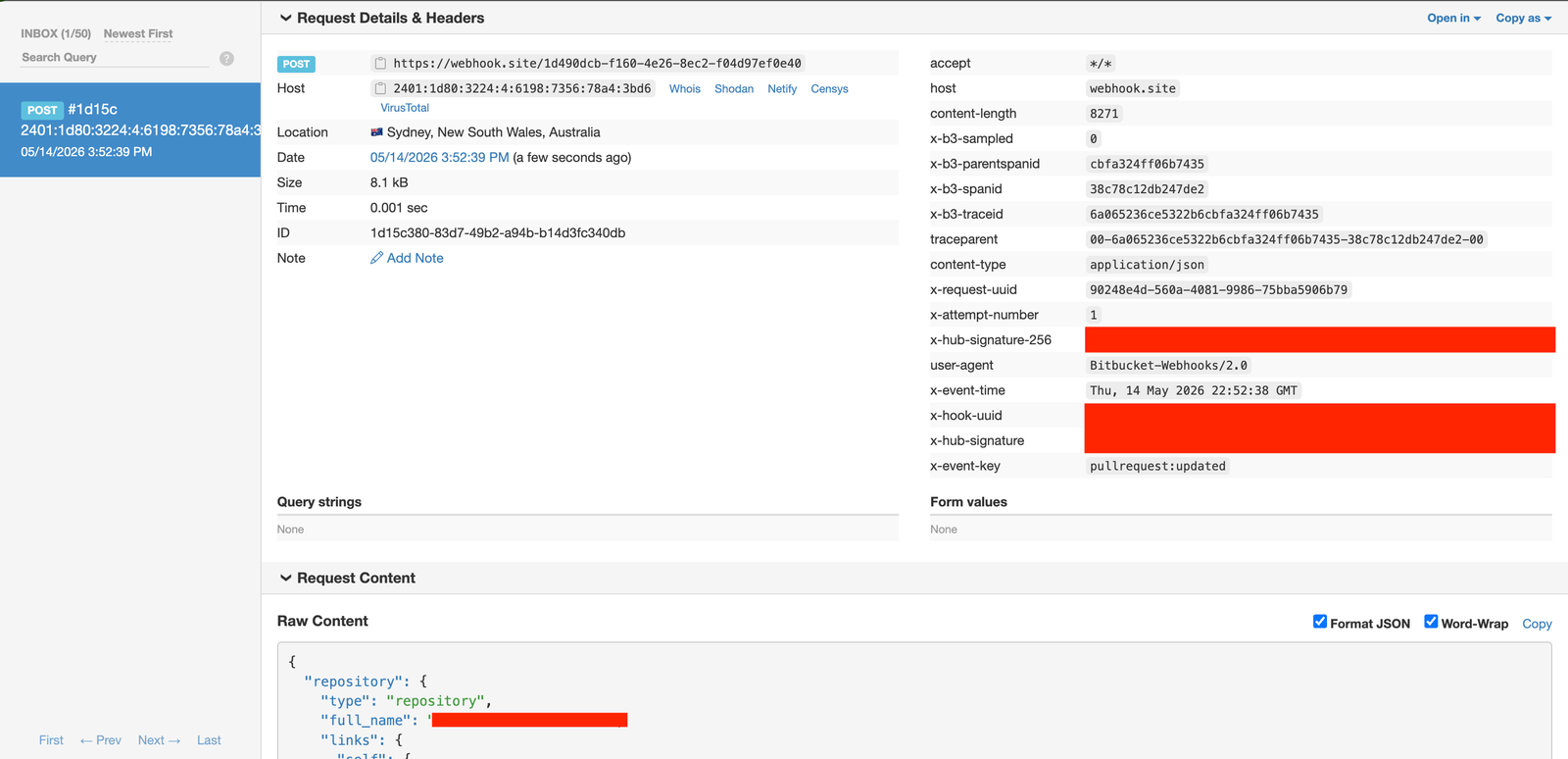 webhook.site request inspector showing a captured POST from Bitbucket-Webhooks/2.0 with full request headers (event key, HMAC signature, hook UUID) and the start of a JSON repository payload.