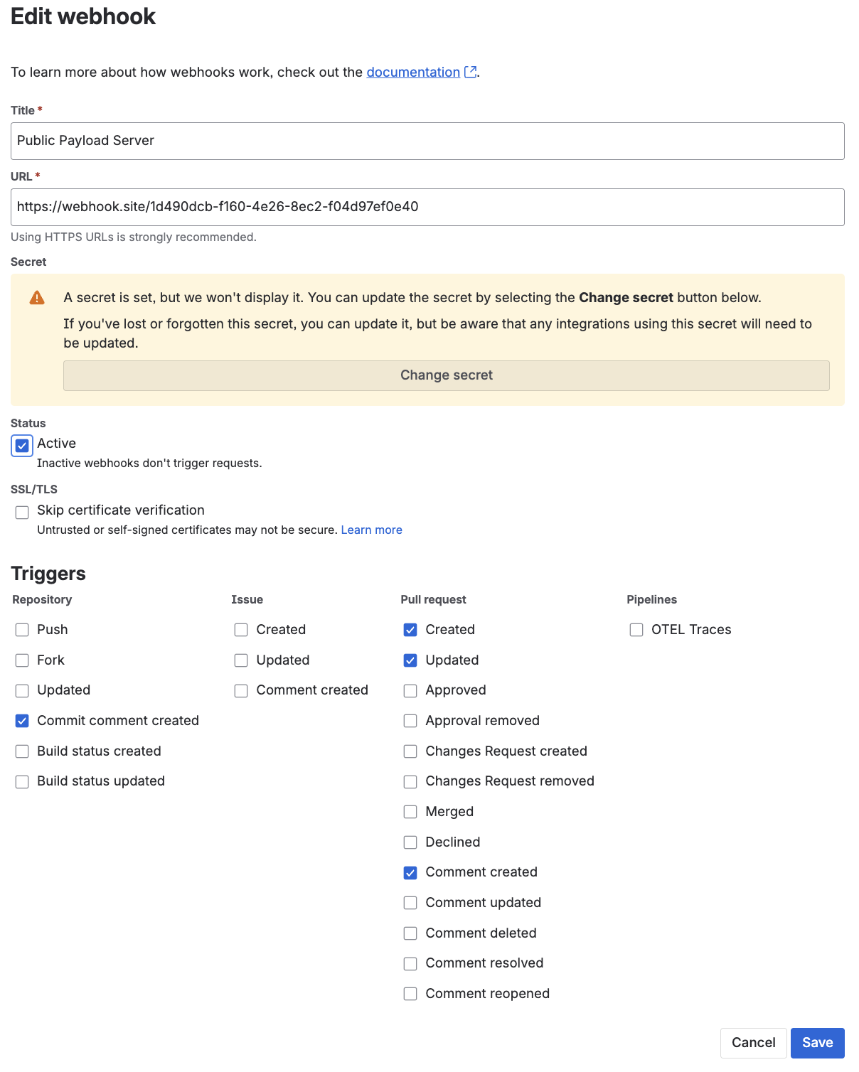 Bitbucket "Edit webhook" screen titled "Public Payload Server" with a webhook.site URL, secret configured, status Active, and a column of trigger checkboxes covering push, PR lifecycle, and comment events.