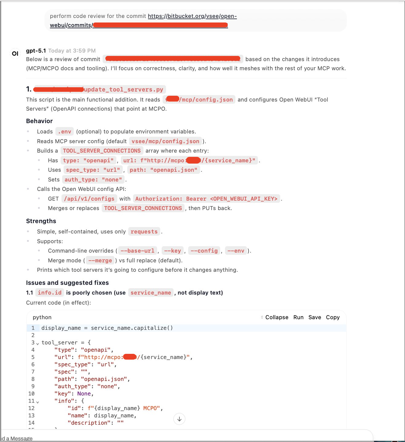 Open WebUI chat window showing an LLM response that has performed code review on a Bitbucket commit; the response is organized into Behavior, Strengths, and Issues and suggested fixes sections, followed by a snippet of the reviewed Python tool-server configuration code.