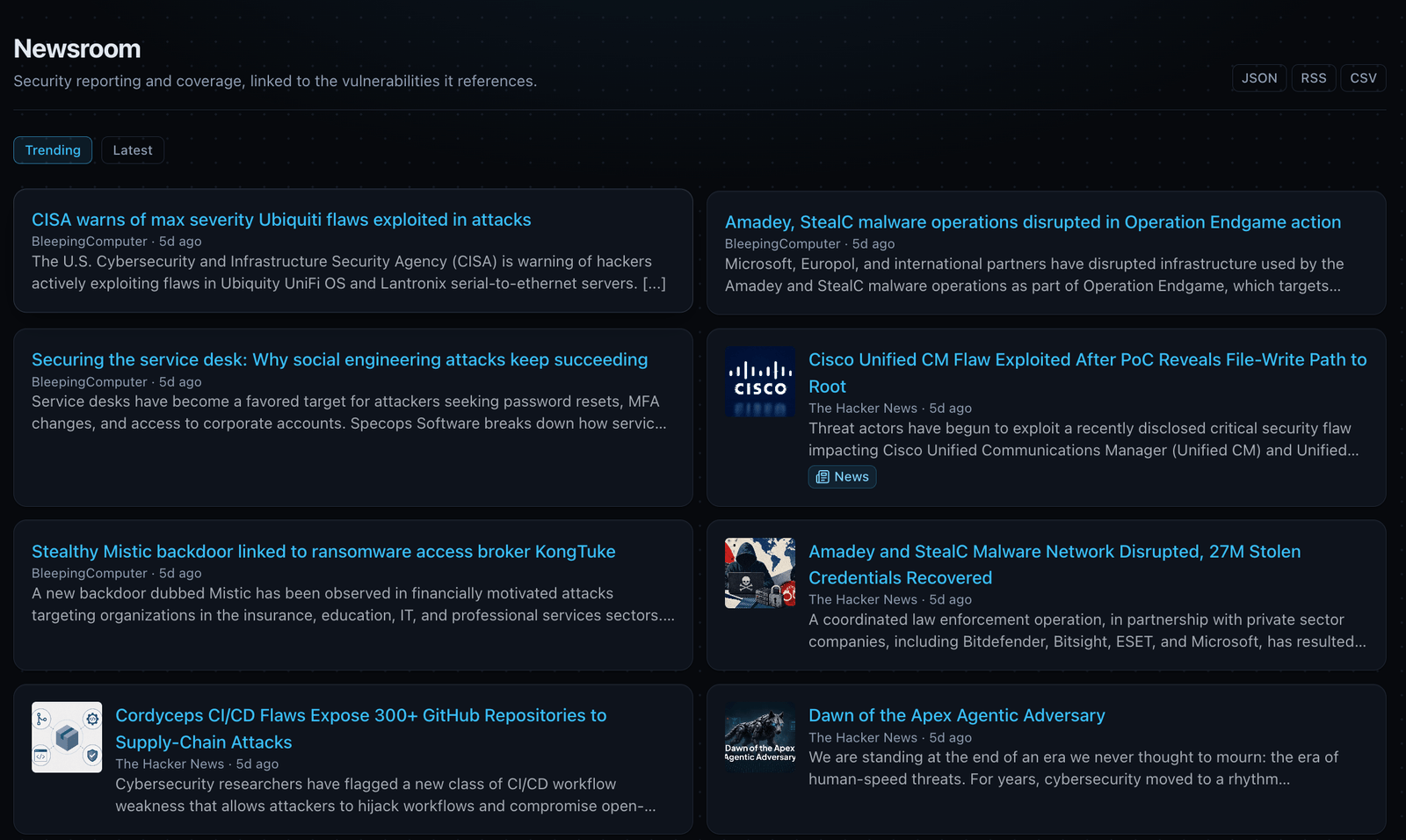 Newsroom on publiccve.com showing a grid of recent security articles from sources like BleepingComputer and The Hacker News, with headlines about actively exploited flaws and supply-chain issues.