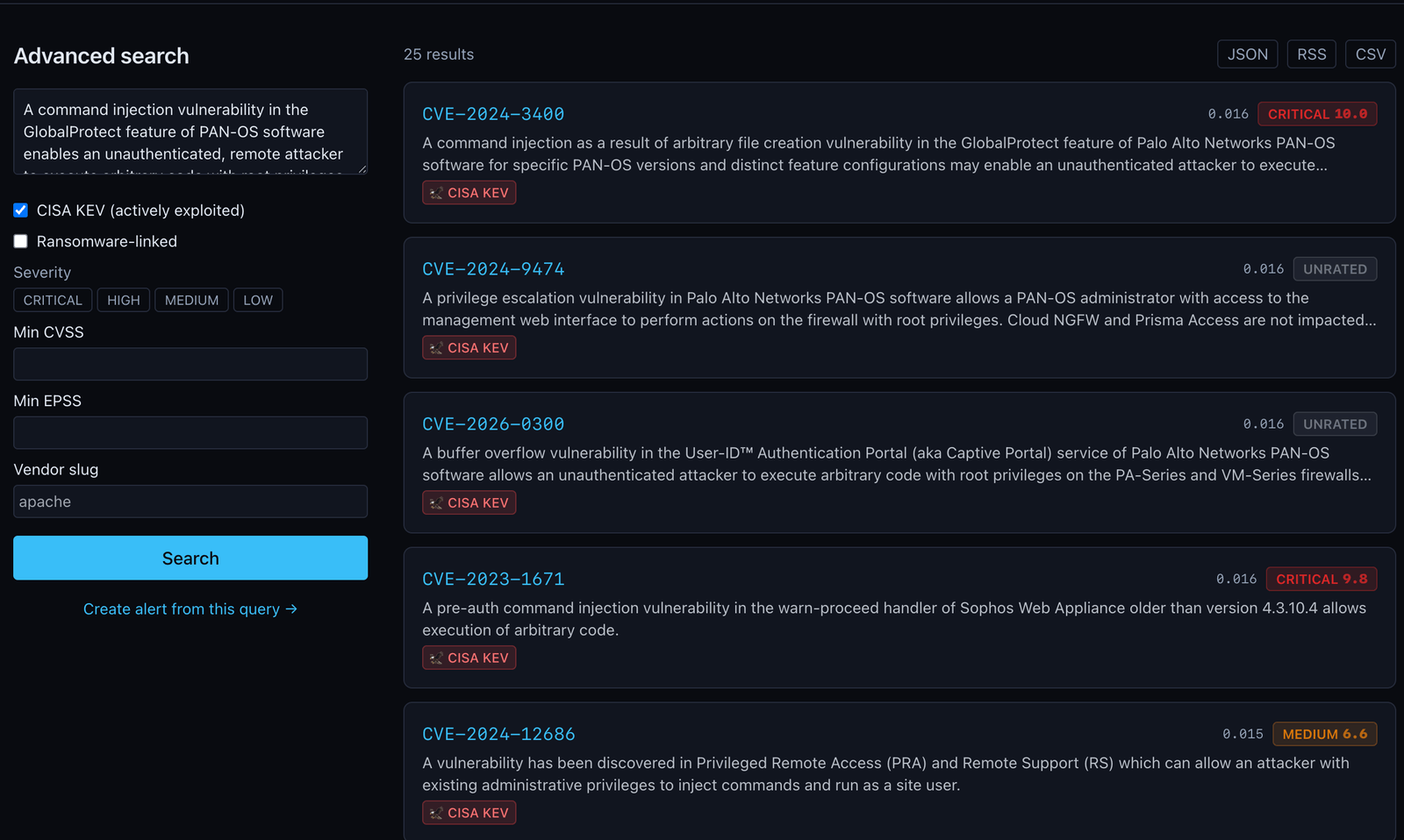 Advanced search on publiccve.com with a plain-language query describing PAN-OS GlobalProtect command injection, CISA KEV filter enabled, vendor slug "apache," and ranked results led by CVE-2024-3400 at 0.816 relevance.