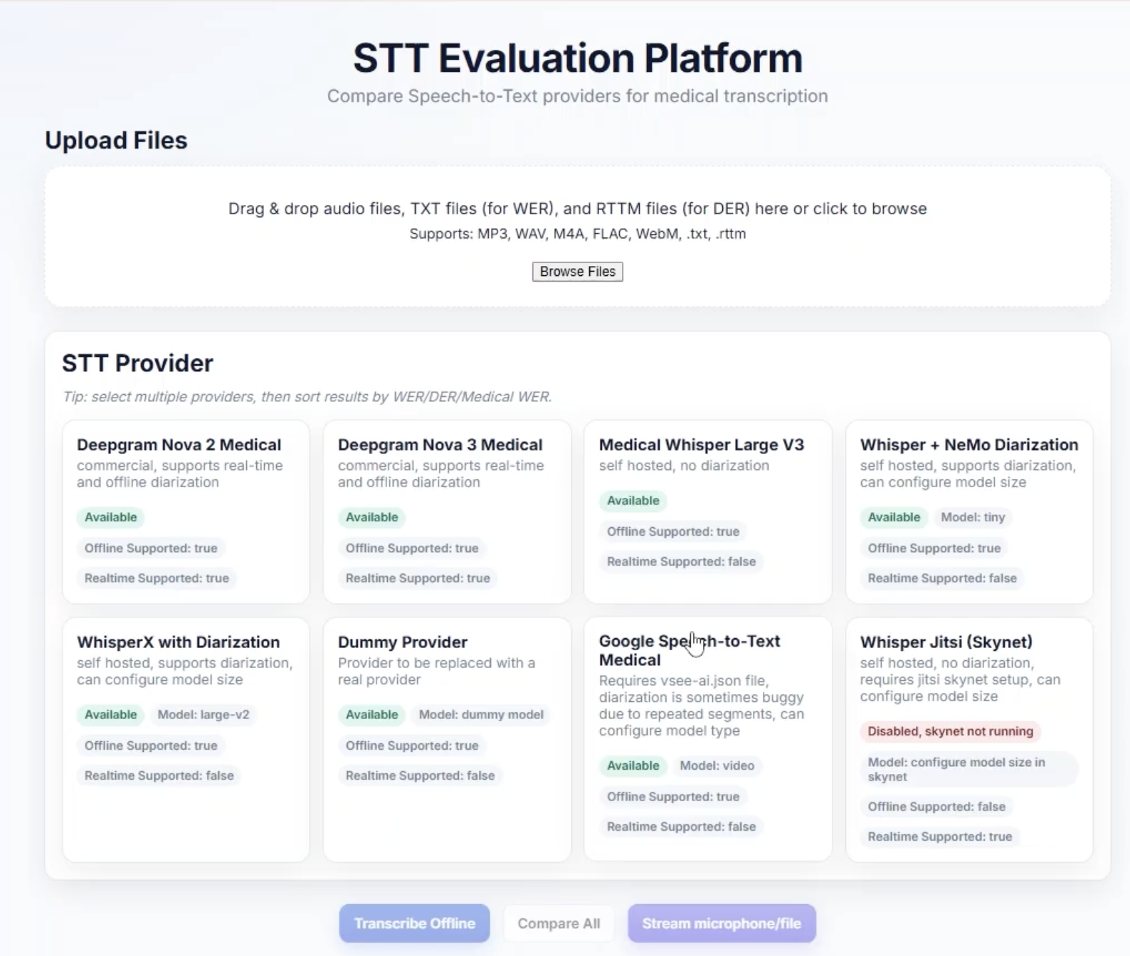 Screenshot of the platform's home view: a drag-and-drop upload area at the top and a grid of eight provider cards below it.