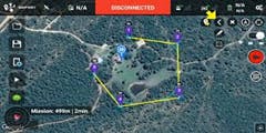 A screenshot of the DJI Mobile SDK waypoint mission upload screen, with a planned flight path drawn over a map.